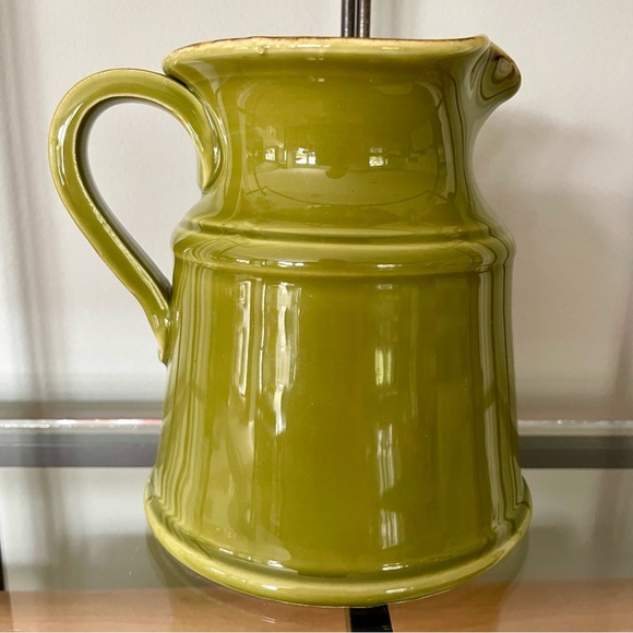 Sur La Table•5” Serving Pitcher•Hand-Painted•Olive Green~Butter Yellow Interior - Picture 2 of 12